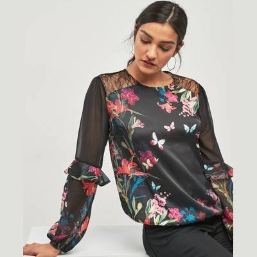 Next Women's Black Floral Border Print Sheer Long Sleeve Blouse Top